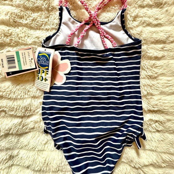 Andy & Evan NWT Sz 5 Kids Navy & White stripes with pink Flamingo Swimsuit - Picture 7 of 7
